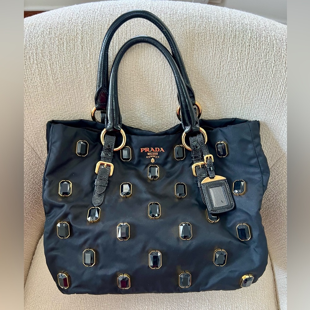 Authentic Prada Black Nylon and Leather Pietre Embellished Tote